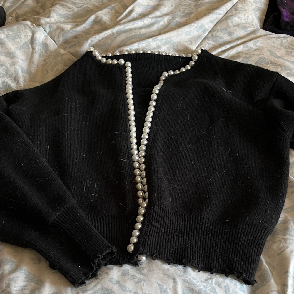 Commense Black Knit Cardigan with Pearl Trim